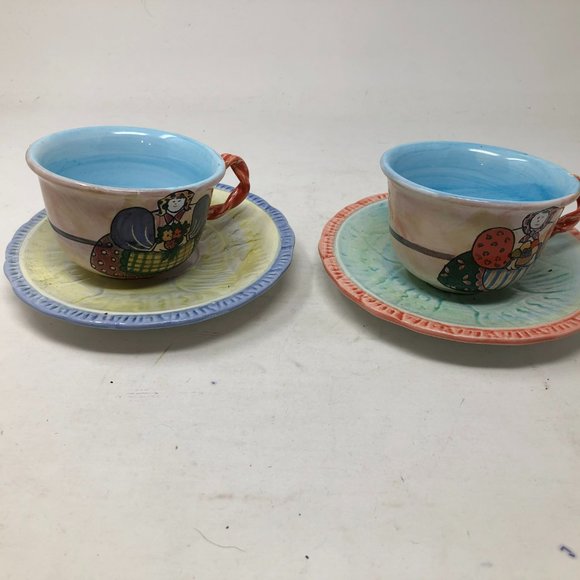Horchow ceramic  cups and saucers made in Italy Lady with Flowers Easter eggs - Picture 2 of 3
